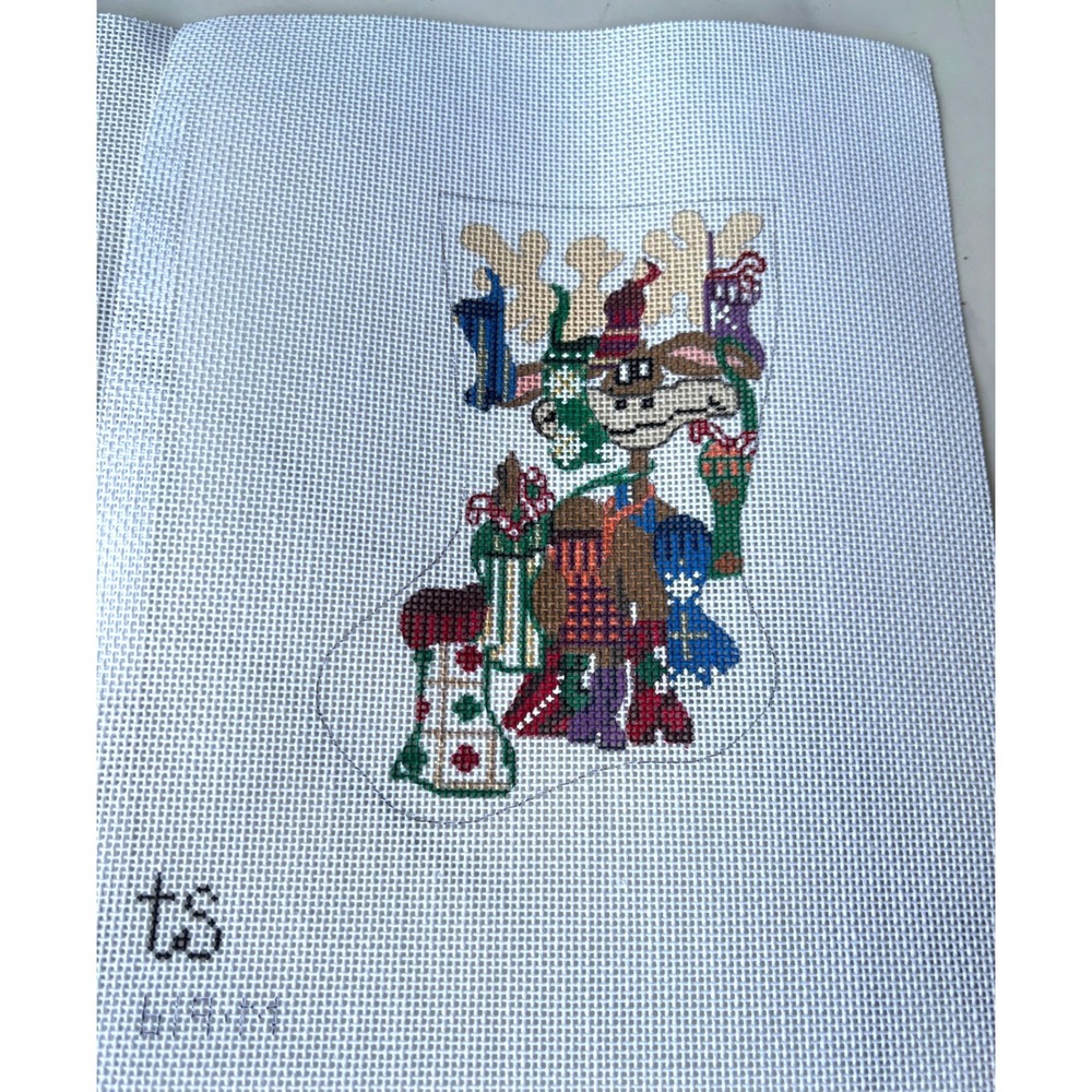 TS Designs Hand Painted Needlepoint Canvas Moose Christmas Mini Stocking